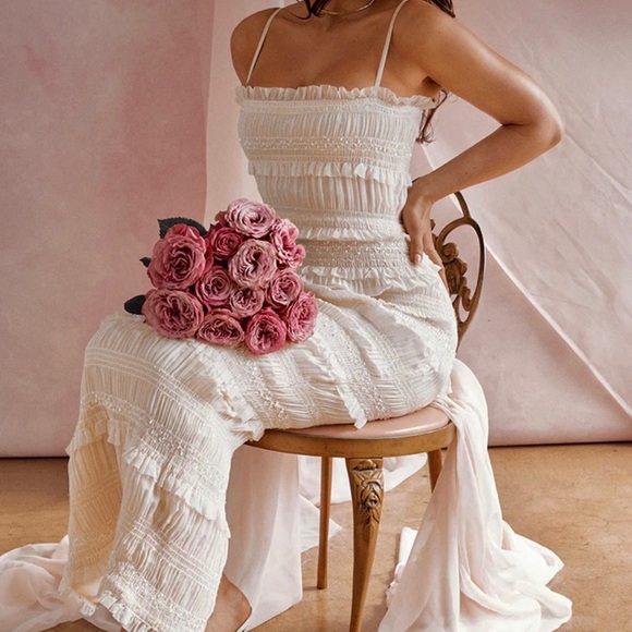 White ruched smocked midi maxi ruffle tiered dress - Picture 9 of 11